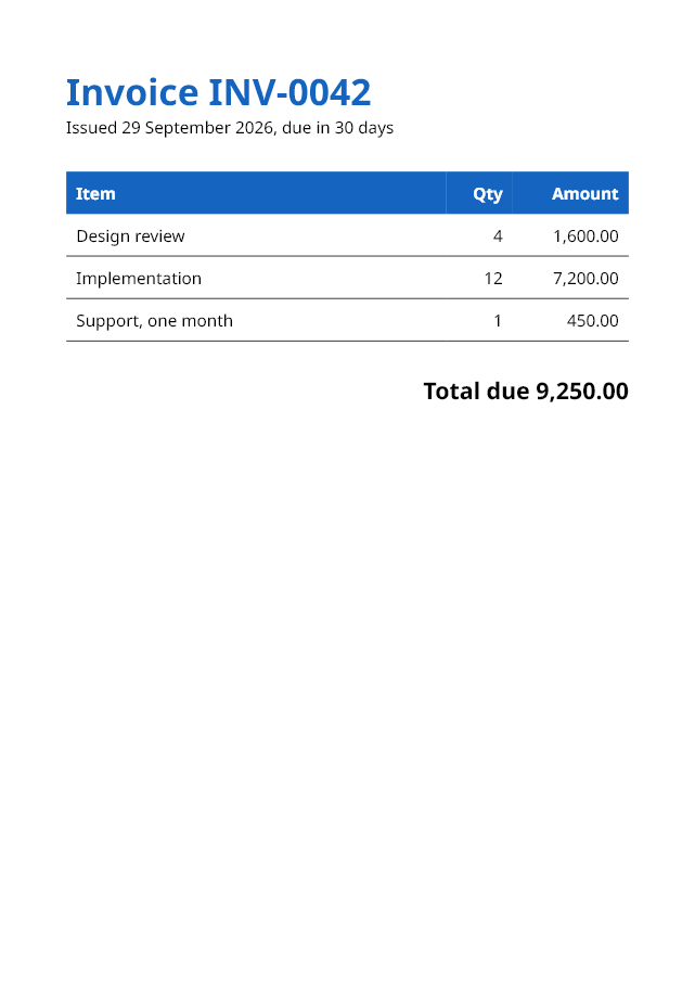 The page Invoice.cs sets: an invoice with a blue title, a table of three lines and the total due